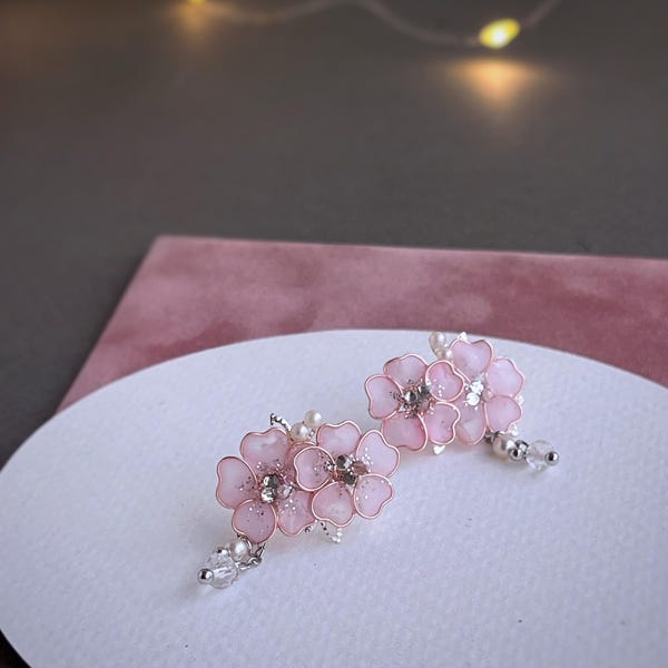 Pink Sakura Jewelry Set Flower Stud Earrings Hypoallergenic Cherry blossoms choker Mismatched earrings dip art pendant bloom