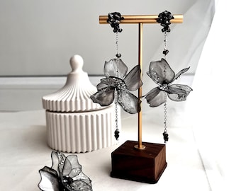 Large Floral Drop Earrings & Ring Set, Translucent Gothic statement Jewelry  Flower Petal Earrings Large Dark Fairy Aesthetic Wedding Gift