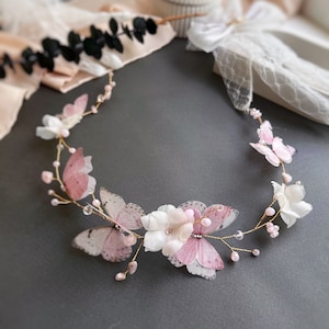 butterflies Bridal Headpiece flower Headband wedding Hair Vine blush prom hair accessory Bohemia head piece beach hair accessory