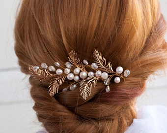 Bridal Hair Piece Gold pearl Comb Greece Old Headpiece Leaf Bridal Headpiece Pearl Hair Gold Leave Grecian Style Hair Accessory Feather comb