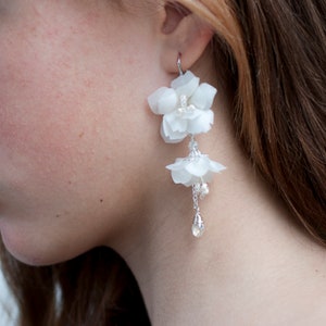 Small flower earrings Bridal long earrings lavender floral earrings wedding jewelry silk flower earring dangle earrings textile boho earring