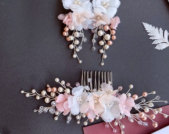 floral bridal earrings Bridal pearls earrings organza blush pink earrings wedding silk earrings Bridal comb blossom rose flower hairpiece