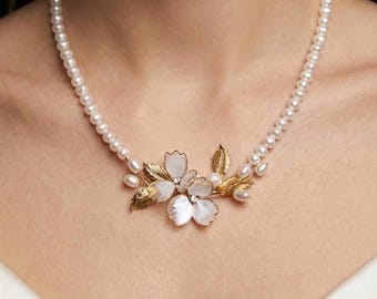 Choker real pearl necklace floral Jewelry for Bride set Delicate Bridal necklace and earrings hair accessory with flower