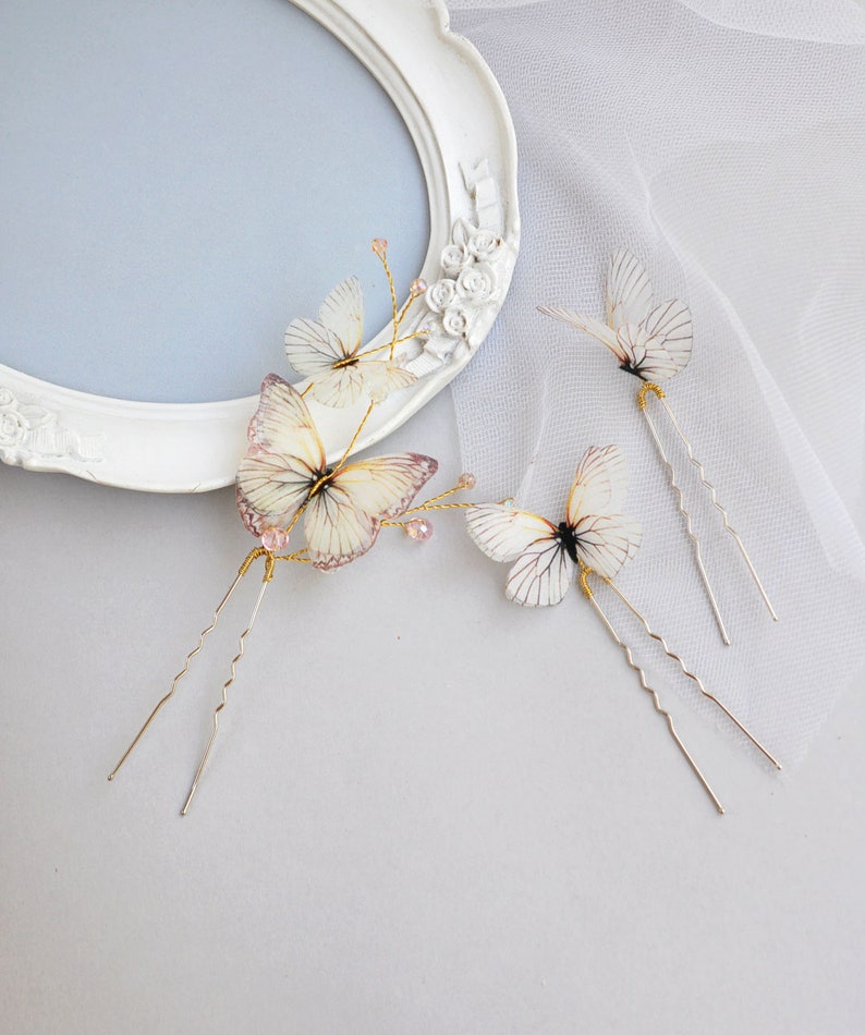 Butterfly hair pin Bride ivory hair pin gold Wedding hair accessories butterfly Silk fairy hair piece jewelry fabric beach hairstyle