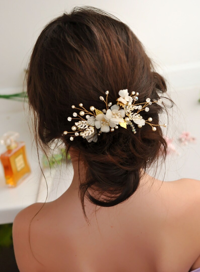 Gold Flower Hair Accessories Bridal Pearls Hair Comb Silk Etsy