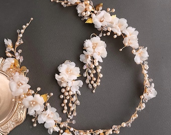 floral gold earrings dangle cute bridal earrings pearls ivory hairpiece fabric earrings wedding pearl dainty earrings blossom flower crown