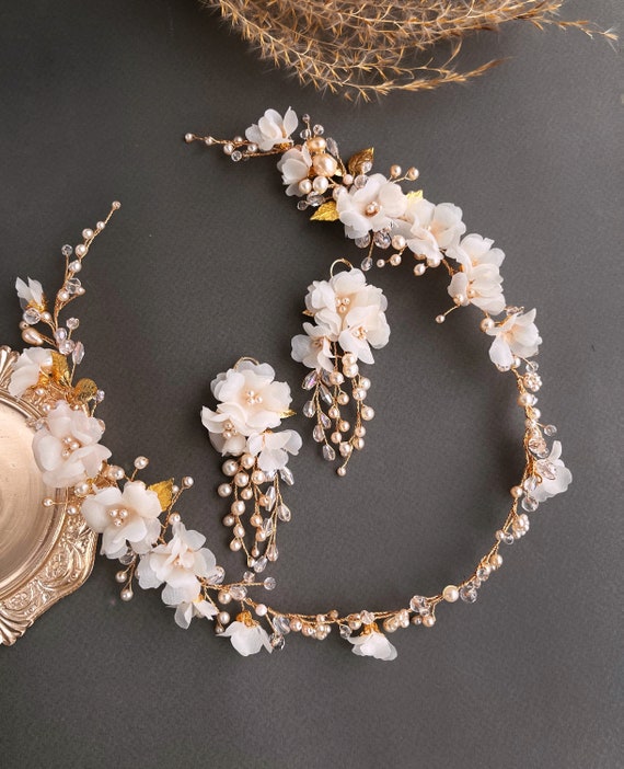 Floral Gold Bridal Earrings, Set Ivory Pearl Hairpiece silver Silk floral crown for bride