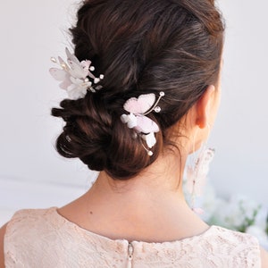 Bridal hair pin flower comb pearl hair piece pink butterflies hair piece Wedding headpiece delicate bridal hair jewelry silk flower hair pin image 5