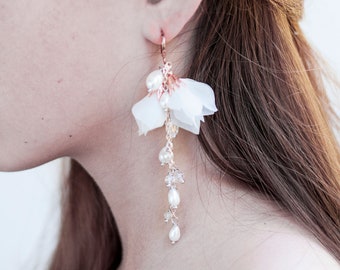 Wedding dangle pearls earrings silk flower earrings long Pearls earrings Petals Earrings rose gold Bridal earrings Long chain earrings