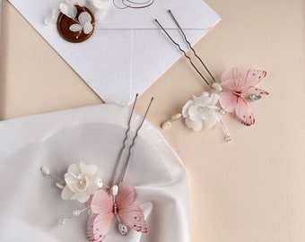 Bridesmaid Set pink butterflies floral hair piece Blush wedding hair accessory Small hair piece bride Silk realistic butteflies