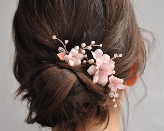 Pink Flower Hair Clip, Bridal Piece with Pearls, Wedding Hair Accessories