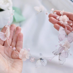 Wedding headpiece butterflies floral hair vine blush hair accessory bridal hairpiece Bridal Headband silk flower pink Wedding hair accessory
