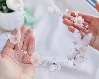 Wedding headpiece butterflies floral hair vine blush hair accessory bridal hairpiece Bridal Headband silk flower pink Wedding hair accessory