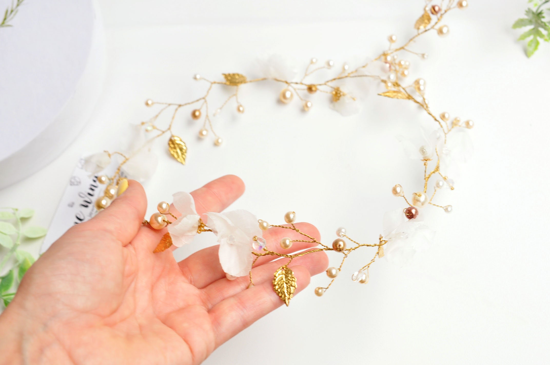 Floral pearl crown gold long hair vine boho bride headpiece | Etsy