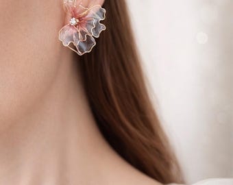 Pink Flower Earrings Lightweight Bridal Statement Jewelry Resin Blue floral stained glass jewelry