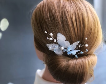 light blue butterflies hair pin Beach wedding hair comb something blue accessories summer hair piece silk butterflies Party Headpiece