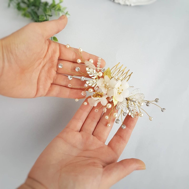 Gold Flower Hair Accessories Bridal Pearls Hair Comb Silk Etsy