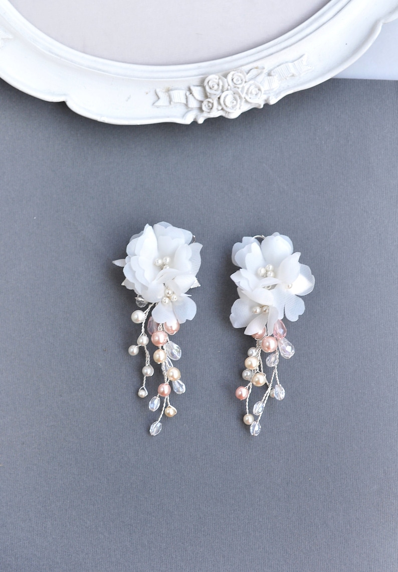 floral bridal earrings flower tassel earrings pearls blush earrings wedding silk earrings Long Bridal boho earrings spring blossom flower image 2