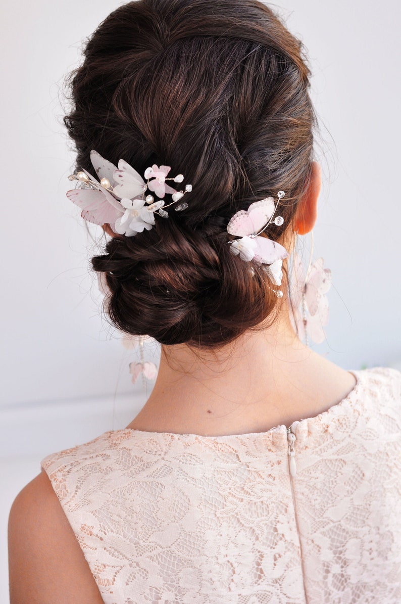 Bridal hair pin flower comb pearl hair piece pink butterflies hair piece Wedding headpiece delicate bridal hair jewelry silk flower hair pin image 2