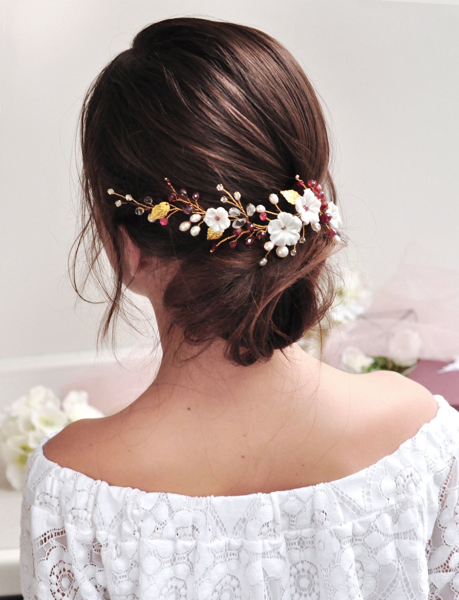 Red Gold Hair Piece Bridesmaid Hair Vine Red Bridal Flower Etsy