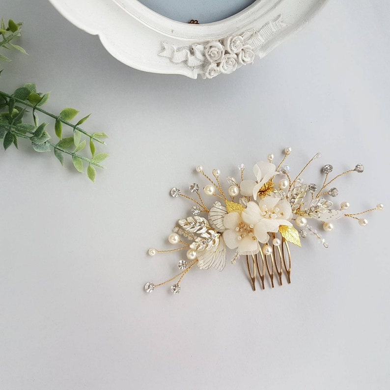 Gold Flower Hair Accessories Bridal Pearls Hair Comb Silk Etsy