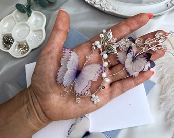 Butterfly hair piece white purple butterflies wedding accessory ivory hair pin bridal hair vine butterfly hairpin bride beach wedding garden