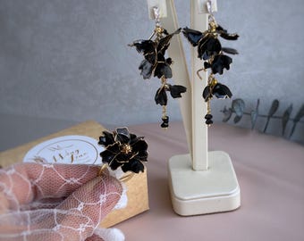 Black Flower Earrings Gold Statement Floral Dangle Earrings Flower Ring