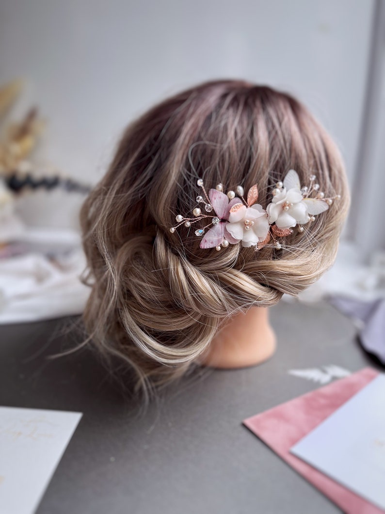 Flower hair flower rose gold hair piece silk flower ivory comb butterflies wedding accessories bridal hair piece pearls hair comb image 8