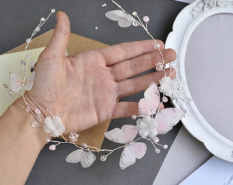 butterflies Bridal Headpiece flower Headband wedding Hair Vine blush prom hair accessory Bohemia head piece beach hair accessory