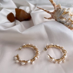 Hoop pearls earrings gold Circles pearls earrings Boho bridal statement earrings wedding jewellery trendy earrings image 6