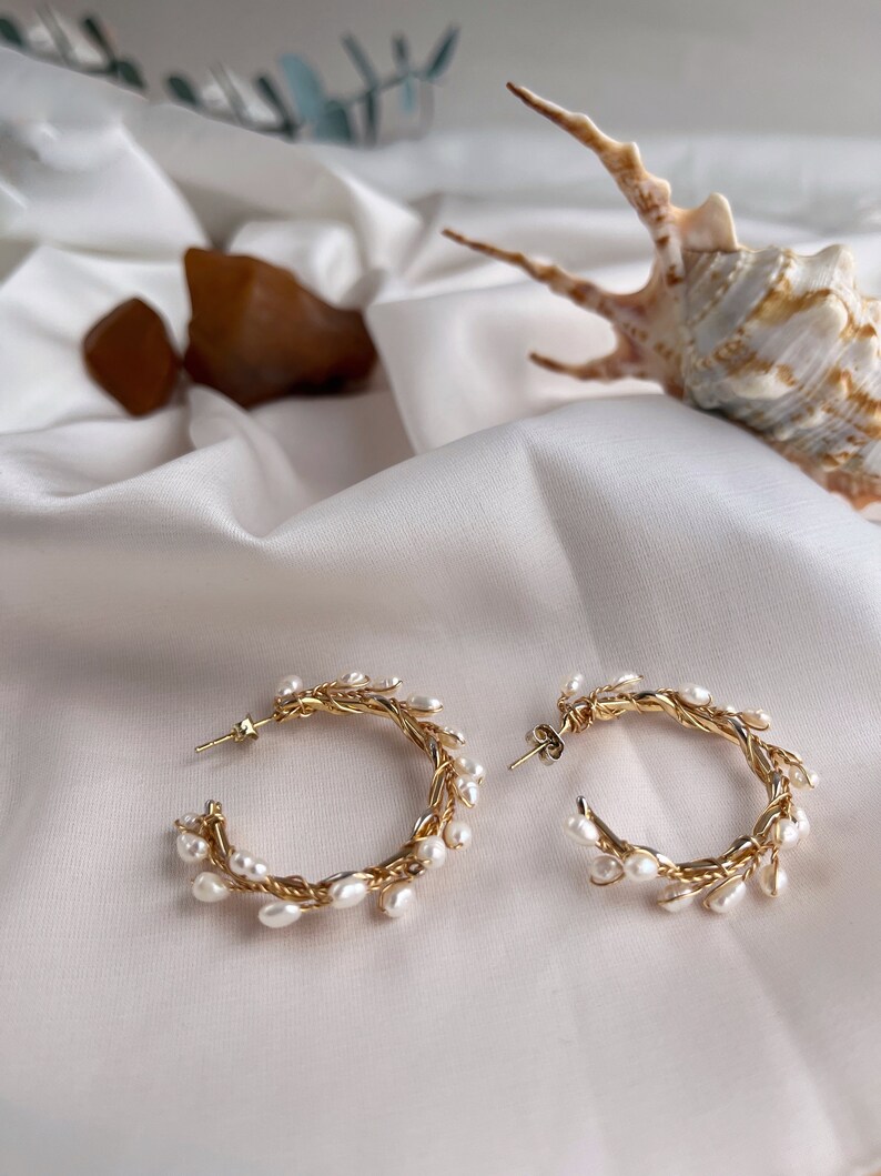 Hoop pearls earrings gold Circles pearls earrings Boho bridal statement earrings wedding jewellery trendy earrings image 6