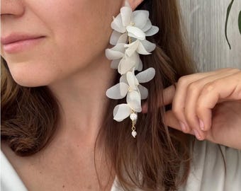 Ivory silk flower earrings long bridal earrings gold statement earrings wisteria style lightweight handmade for wedding or photoshoot