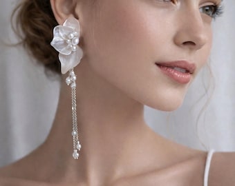 Pearl flower bridal earrings with removable chains lightweight resin white earrings wedding