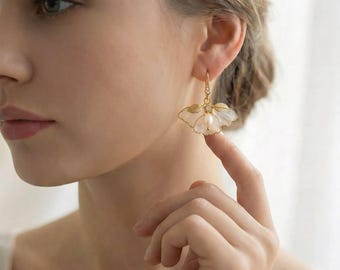 Fairy Earrings Gold White Flower, Bridal Pearl Drop Earrings, Resin Petal Jewelry, Set Wedding Gift for Her