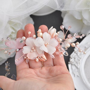 Flower hair flower rose gold hair piece silk flower ivory comb butterflies wedding accessories bridal hair piece pearls hair comb image 1