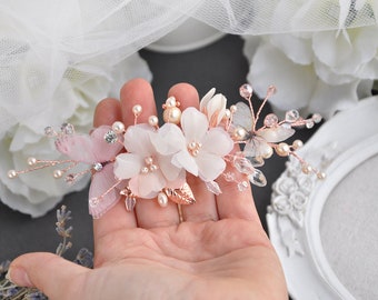 Blumen Haarblume Rosegold Haarschmuck Seide Blume Elfenbein Kamm Schmetterlinge Hochzeit Accessoires Braut Haarschmuck Perlen Haarkamm