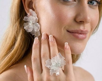Large Flower Earrings Ring Set, Large Transparent Fairy Floral Jewelry, Bridal Statement set earrings, Ethereal Wedding Accessory