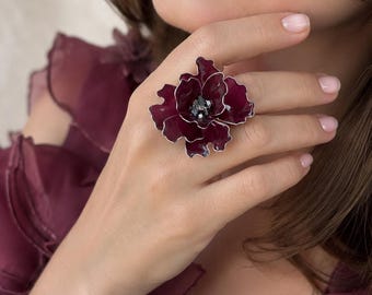 burgundy flower ring-  Statement Dark red adjustable band. Wedding guest jewelry