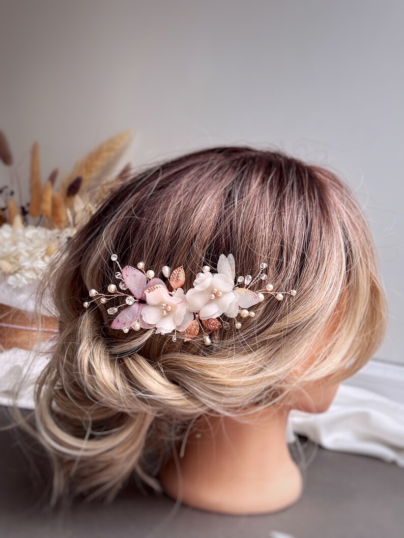 Flower hair flower rose gold hair piece silk flower ivory comb butterflies wedding accessories bridal hair piece pearls hair comb image 9