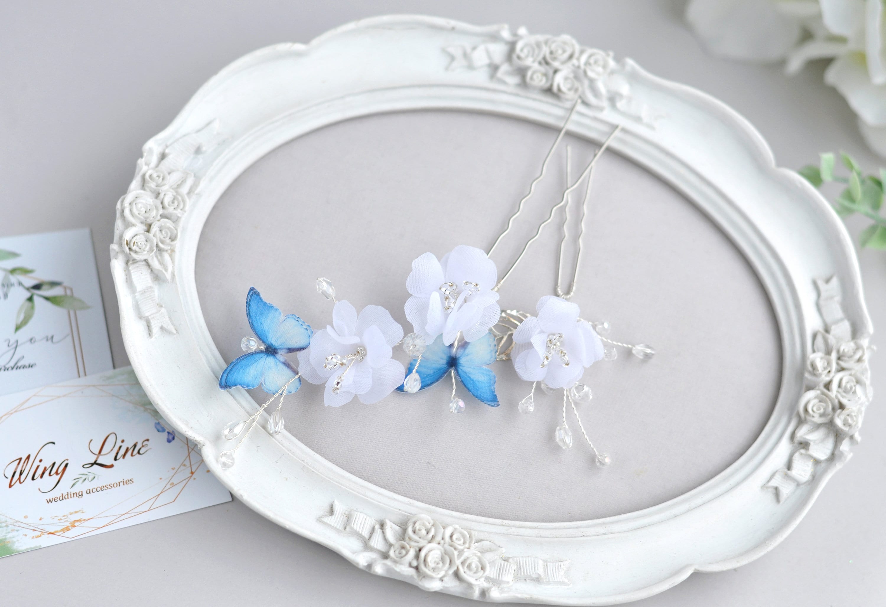 4 Pcs Bridal Blue Flower Butterfly Hair Pins Clips & Earrings