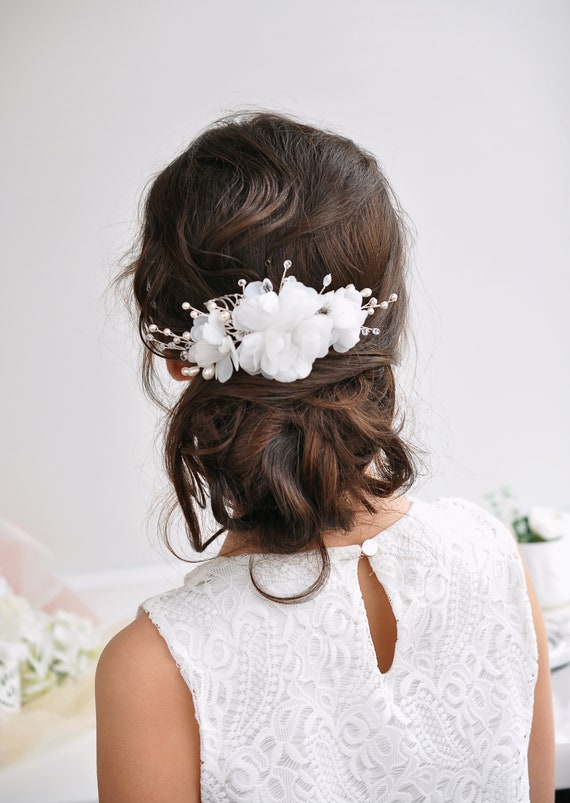 Ivory Silk Flower Hair Comb Bridal Gold Hair Piece Wedding  display picture 1