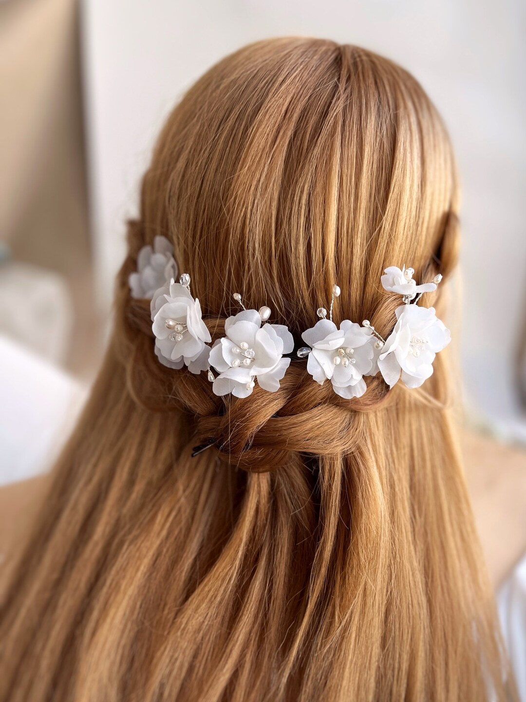 Silk Flower Hair Pins White Pearls Fabric Flower Hair Piece Wedding