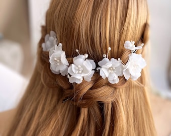 silk flower hair pins white pearls fabric flower hair piece wedding accessory textle floral hair piece blossoms comb