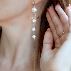 Gold 14K pearl earrings long drop earrings dangle bride earrings pearls chain earrings baroque pearl earrings bridal earrings boho wedding image 6