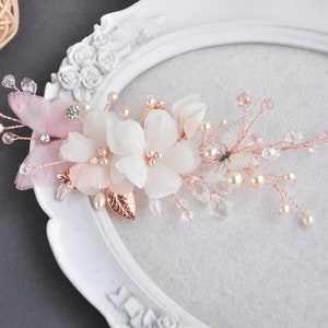 Flower hair flower rose gold hair piece silk flower ivory comb butterflies wedding accessories bridal hair piece pearls hair comb image 5