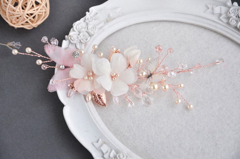 Flower hair flower rose gold hair piece silk flower ivory comb butterflies wedding accessories bridal hair piece pearls hair comb image 5