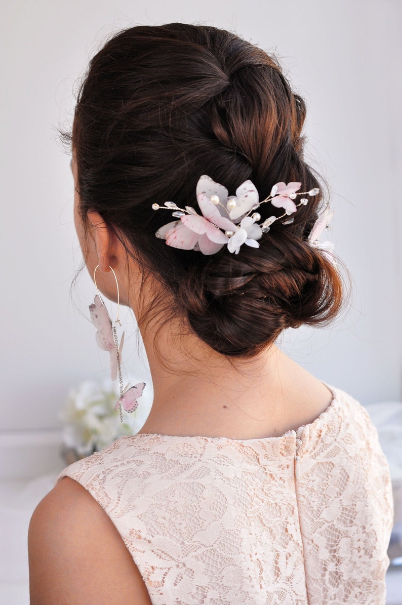Bridal hair pin flower comb pearl hair piece pink butterflies hair piece Wedding headpiece delicate bridal hair jewelry silk flower hair pin image 3