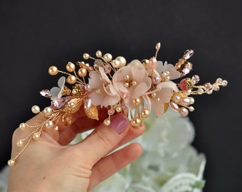 Bridal floral comb Gold pearl hair piece Blush Wedding Comb Bridal Headpiece silk flower Wedding Back Comb floral delicate pearls earrings