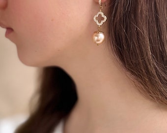 Pearls dangle earrings golden pearls earrings drop bridal earrings zirconia