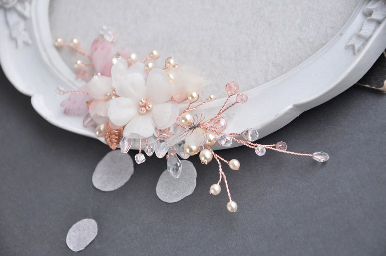 Flower hair flower rose gold hair piece silk flower ivory comb butterflies wedding accessories bridal hair piece pearls hair comb image 3